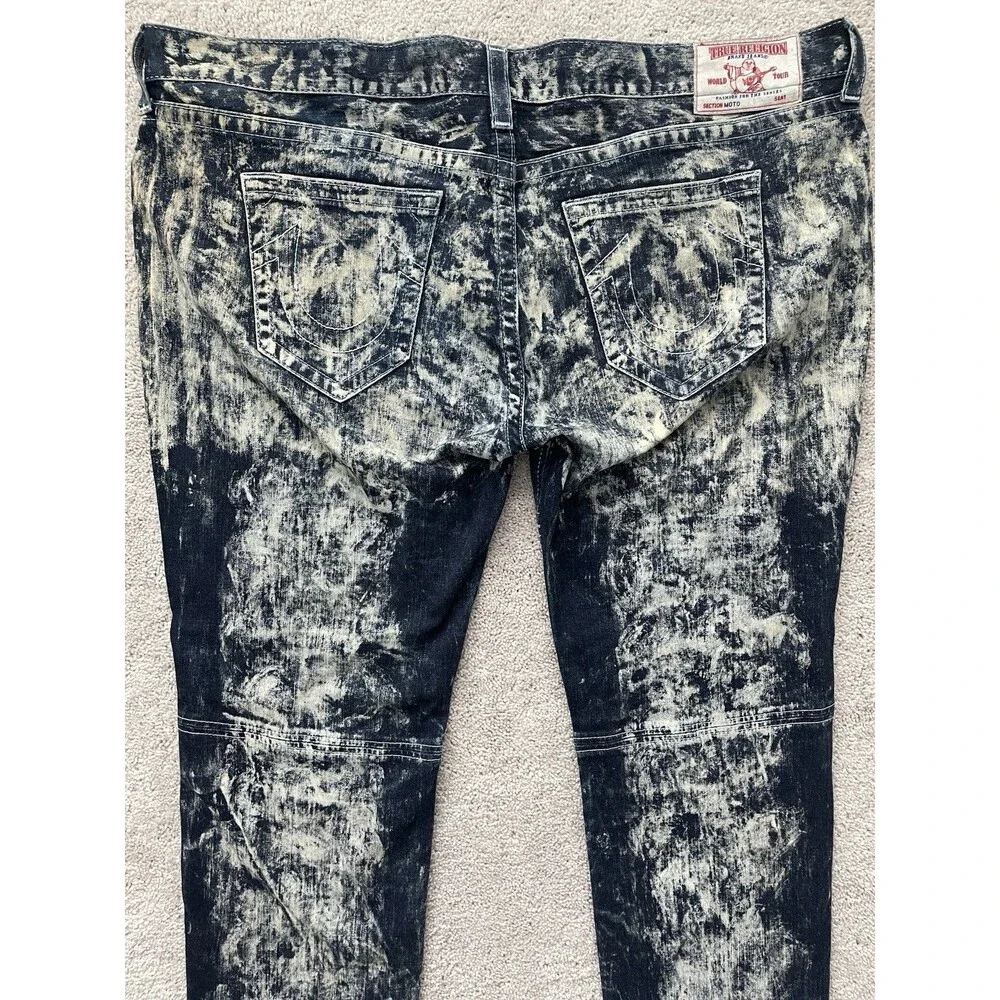 True Religion Rocco Moto Skinny Leg Jeans Mens 46x33 Acid Wash Flex Knee Stretch